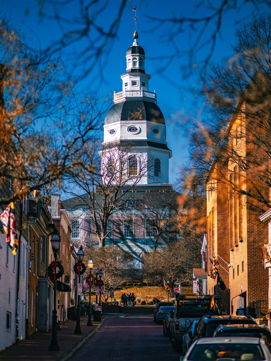 The Maryland State House above Main Street in Annapolis